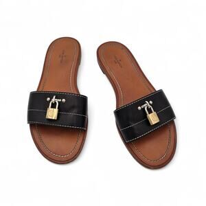 Louis Vuitton Lock It Flat Slide Sandal Black Brown Leather Gold Size 38 US 8